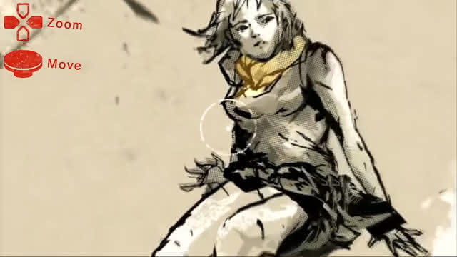 Comic-style image of a woman. She is wearing a top and scarf but not trousers. Her underwear is visible. Control indicators for zooming and moving are visible in the corner.