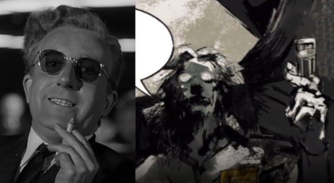 Comparison image of two people. Left a man with short combed-up hair and sunglasses. He is holding a cigarette. Right, in rough comic style, a man with long hair and glasses. He is holding a strange device in his hand.