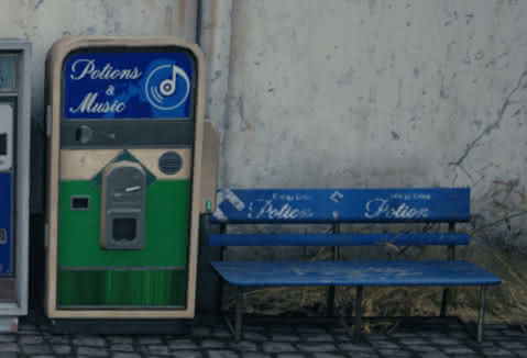 A vending machine for Potions and right next to it a bench with advertising for Potions on it.