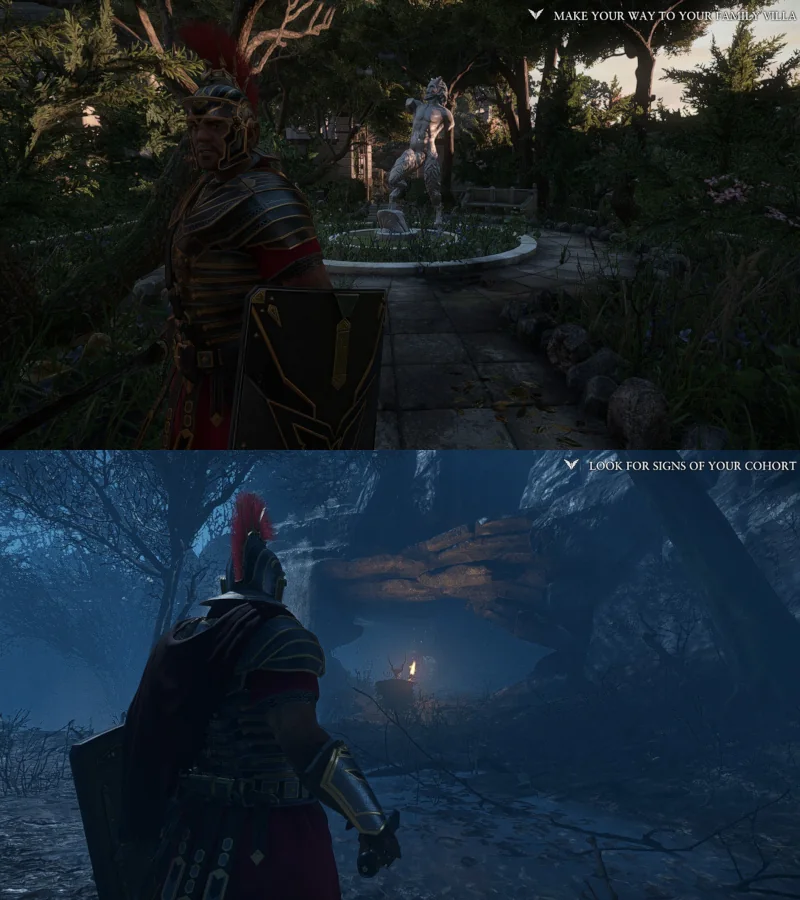 Comparison of two screenshots. The top one is a dark scene in a garden. Marius stands in the shadows and is almost not visible. From the side some light enters, illuminating a marble statue. The bottom one is a scene at night in a forest, where Marius looks towards a cave entrance illuminated by a torch.