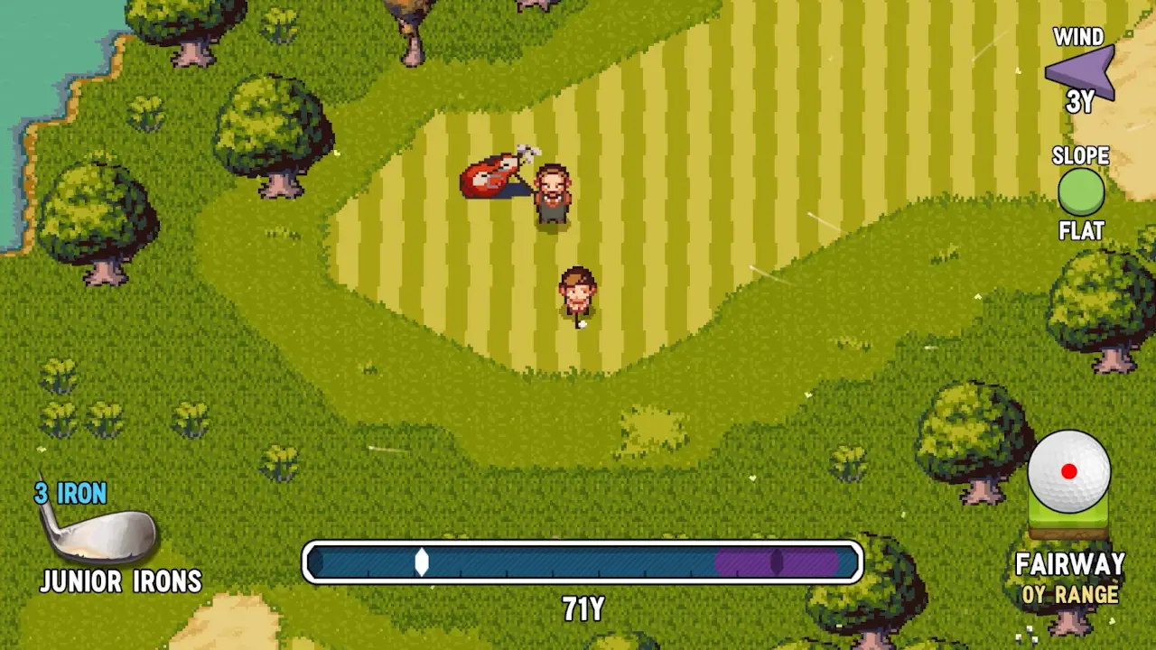 A top-down view of a golf course with pretty pixel graphics. At the bottom, there is a bar with blue background. On it is a white diamond-shaped icon. A part of the bar at the right is coloured purple.