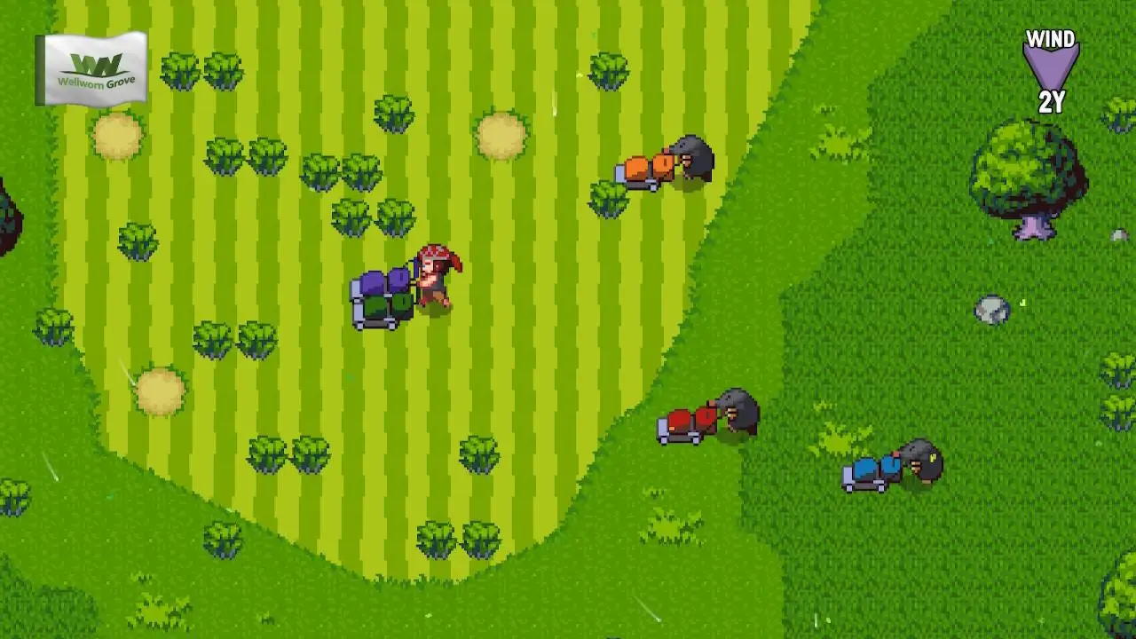 Top-down view of a golf course. A man with a headscarf is pushing two lawnmowers simultaneously. Behind him are three moles, each pushing a lawnmower of their own.