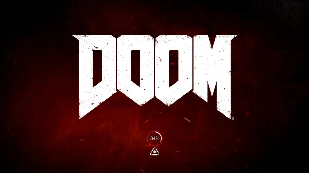 Dark background with Doom written in large stylised letters. Below is a circular progress indicator at 34%.